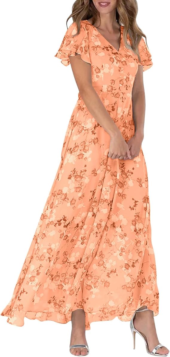 Maxi Dresses for Women,2025 Summer Trendy Floral Boho Dress,Casual V Neck Short Sleeve Chiffon Flowy Beach Dress