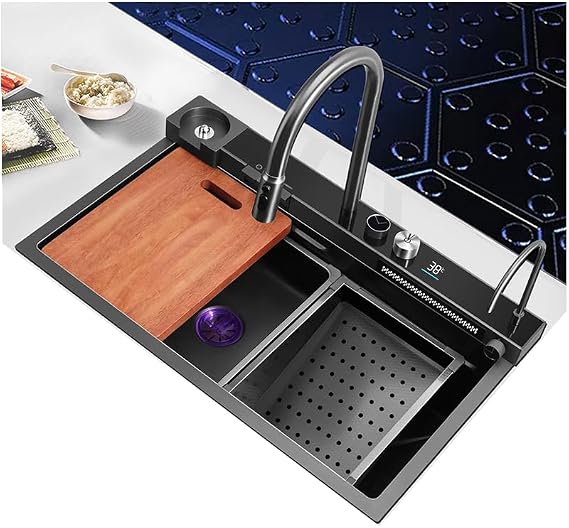 Waterfall Kitchen Sink Black 304 Stainless Steel Pull-Faucet Single Bowl Bar sinks with Full set Accessories 29.5inch