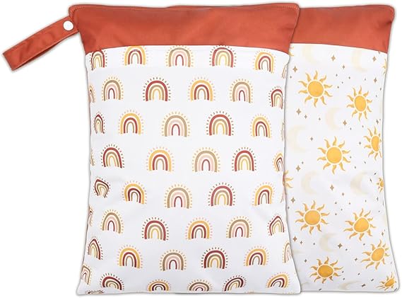 2 Pack Wet Dry Bags for Baby Cloth Diapers&Breast Pump Parts, Waterproof Reusable Wet Bag with Two Zippered Pockets & Handle, Beach Pool Gym Bag Stroller Yoga Toiletries Daycare Organizer for Swimsuit Wet Clothes, 11.8 inch x 15.7inch