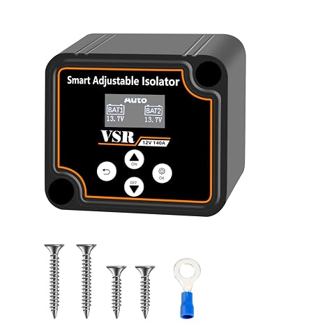 Adjustable Dual Battery Isolator with Voltage Display, 12V 140Amp Voltage Sensitive Relay Smart Battery Isolator, Delay Setting, for Car Truck RV Marine