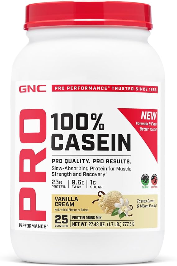 GNC Pro Performance 100% Casein Protein Powder, 25g Protein, Supports Sustained Muscle Strength, Recovery, Slow Digesting, Gluten Free, 3rd Party Tested, Vanilla Cream, 28 Servings