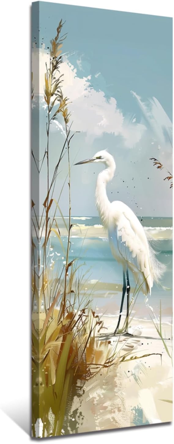 PBXBJY Heron Canvas Wall Art Coastal Crane Pictures White Heron Painting Prints Beach Reeds Poster Ocean Bird Artwork for Bathroom Living Room Home Decor (8.00" x 24.00")