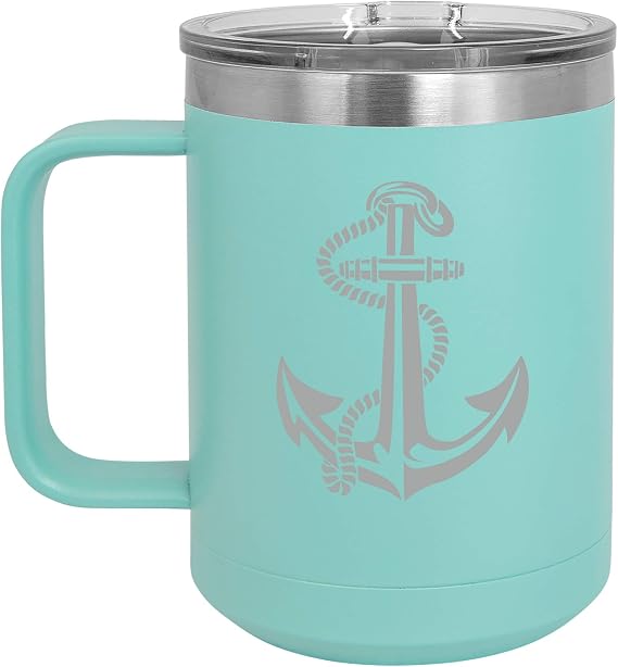 15 oz Tumbler Coffee Mug Travel Cup With Handle & Lid Vacuum Insulated Stainless Steel Anchor With Rope (Teal)