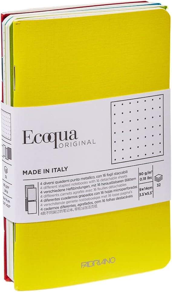 Fabriano EcoQua Pocket-Sized Notebook Pack, 4 Notebook Pack, Dot, 3" x 5", 38/Shts., 85 GSM, Staple Bound, Spring Colors