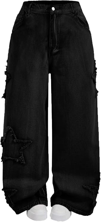High Waisted Wide Leg Jeans, Heart Pattern Distressed Denim