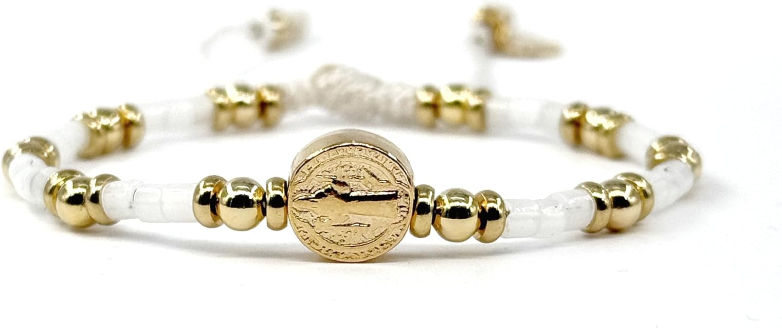 St Benedict Coin Bead Round with Miyuki seed beads and Gold Plated spacers Adjustable Bracelet for Women