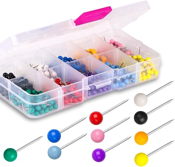 Push Pins Map Tacks Marking Pins 1/8-Inch Plastic Beads Head, 10 Assorted Colors
