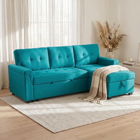 Naomi Home Laura 3-in-1 Sleeper Sectional Sofa, Teal Velvet