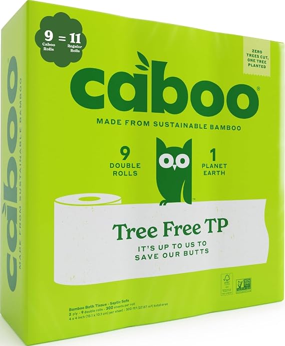 Caboo Tree Free Toilet Paper, Septic Safe Bath Tissue, Quick Dissolving 2 Ply Sheets - 300 Sheets Per Roll, 9 Double Rolls