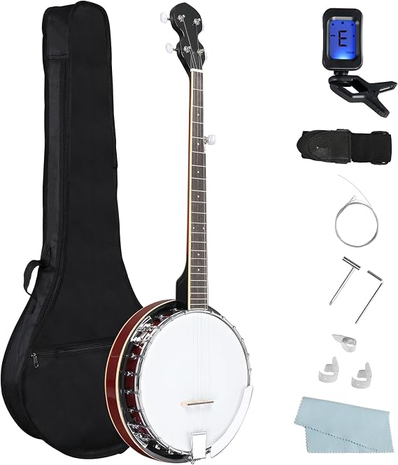 5 String Full Size Banjo Guitar Kit,Left/Right Handed Banjo Set with Closed Solid Back & Premium Mahogany Neck & Polished Rich Wood Finish and Portable Bag for Adult Teenager (Right Hand, 38in)