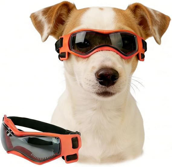 Enjoying Dog Sunglasses Medium Breed, Dog Goggles UV Protection, Cycling Eye Protection for Medium-Small Dogs, Outdoors Breathable Windproof Dustproof Anti-Fog, Adjustable Straps, Cool Orange