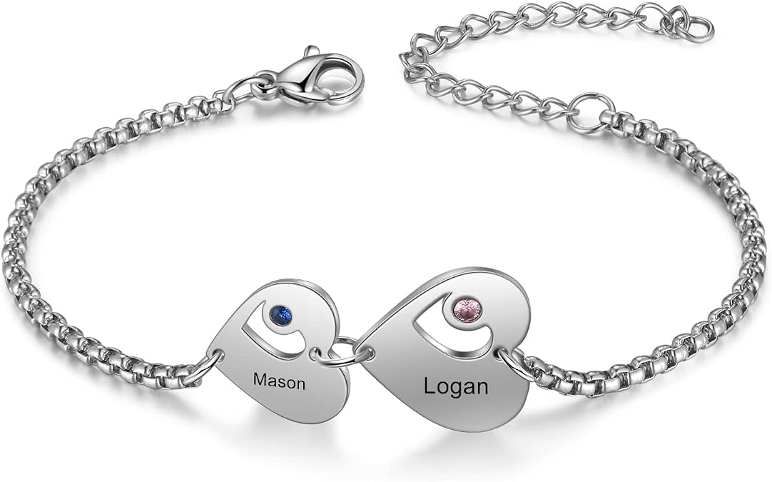 Personalized Name Bracelet for Women, Mothers Bracelet Custom Love Heart Charm Bracelet with 1-6 Birthstones Name Bracelet for Mom Jewelry Gift for Girls Wife Girlfriend