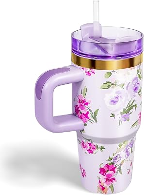 14 oz Tumbler with Handle and Straw, Small 14oz Coffee Cup with Lid and Straw Stainless Steel Tumblers, Outdoor Sports Travel School Gift cupPurple Flower