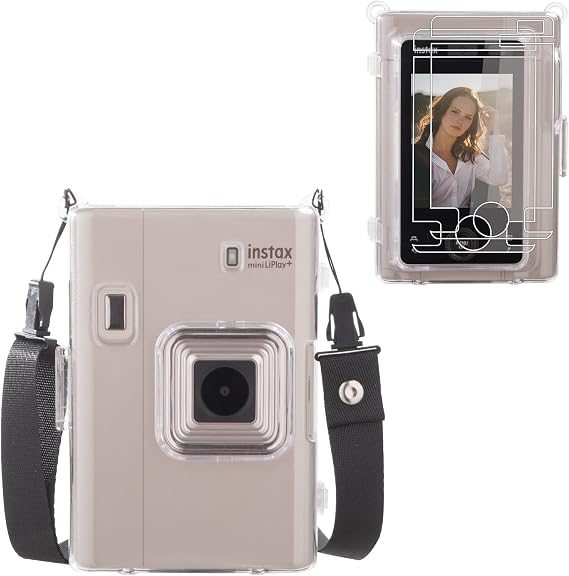Fuji Mini Liplay+/Liplay Plus Clear Case, Hard PC Case Compatible for Instax Mini Liplay+ Hybrid Camera with Adjustable Shoulder Strap & Screen Protector(2 Pack) - Transparent