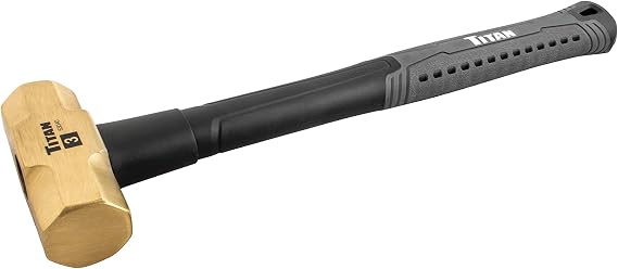 Titan 63040 3lb Solid Brass Hammer, Spark Resistant, Prevents Marring on Steel & Iron Surfaces, Overstrike Protection, 15.5" Shock Absorbing Fiberglass Handle with Textured Grip