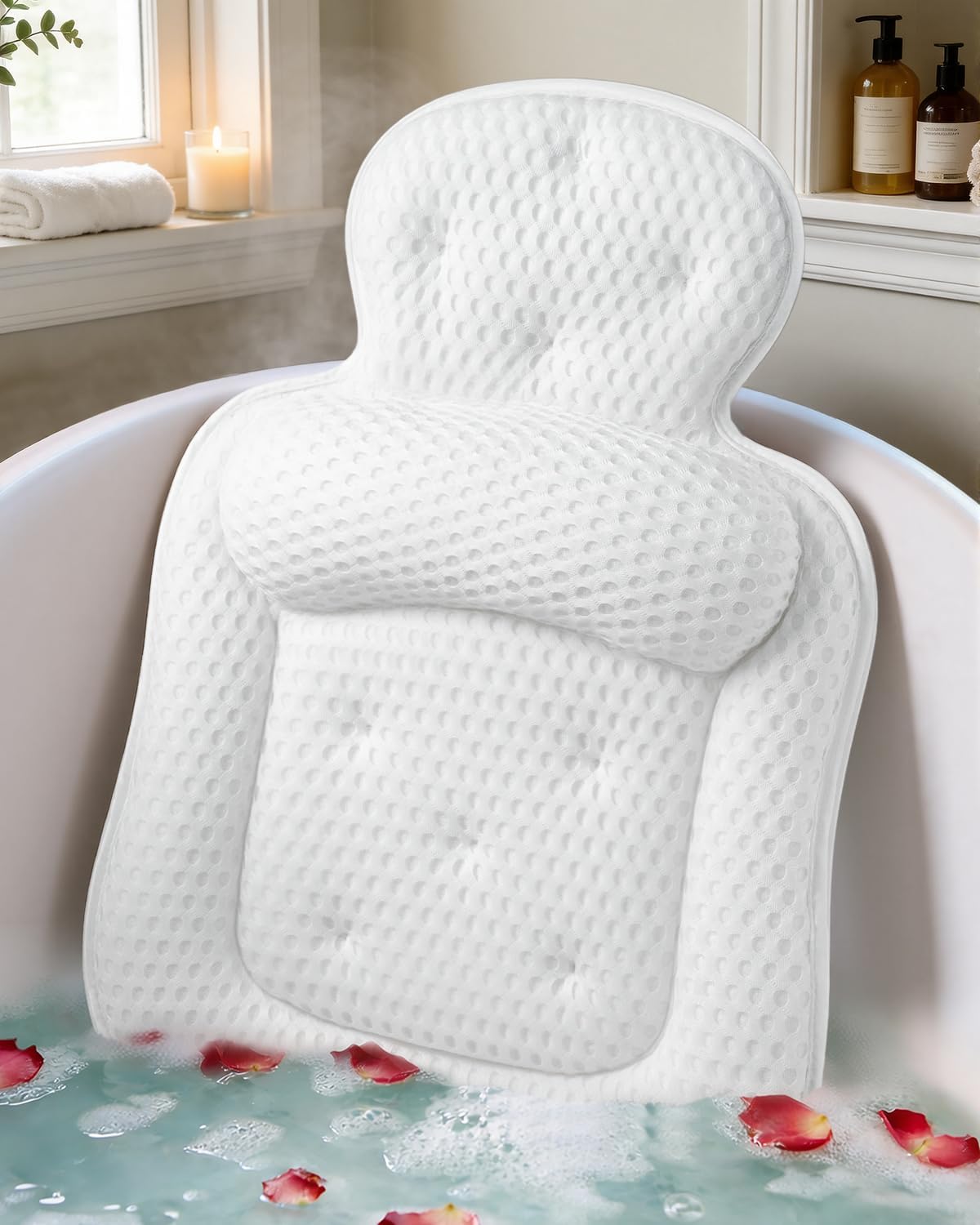 Bath Pillows for Tub, Comfortable Bathtub Cushion for Head and Neck with Soft 5D Mesh Fabric and 54 Non-Slip Suction Cups, Relaxing Tub and Shower Accessories Spa Gift White Extra Thick