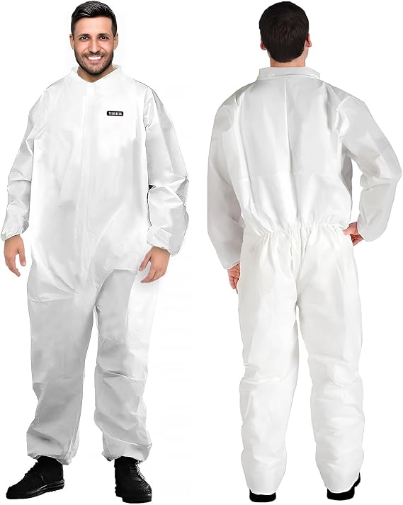 Hazmat Suit Disposable Coverall | Heavy Duty Full Body Painters Suit in 7 Sizes with Multiple Specifications for Men & Women Without Hood - Breathable & Water-Resistant