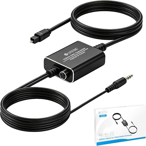 eSynic Portable Optical to 3.5mmAux Adapter-7 FT Long-192KHz DAC Converter-Metal Shell-Built in Amplifier Chip-Easy to Setup- from HDTVBlu-RayGaming Console to 3.5MM Audio Speaker & Headphone