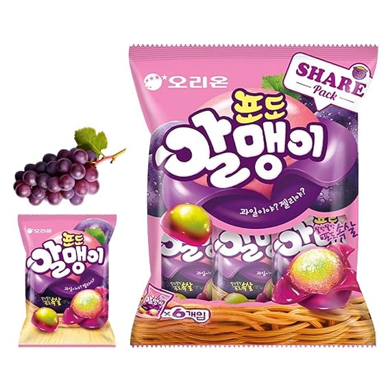 Korean Fruit Jelly Candy Assorted Chewy Gummy Snacks 5 Fruity Flavors (Grape, Plum, Lychee, Kiwi, Mango) Individually Wrapped Perfect for Kids & Adults (Grape1.26oz(36g) 6pack)
