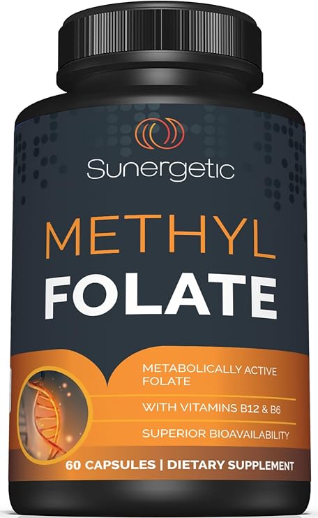 Sunergetic Premium Methyl Folate Supplement with Methylated Vitamin B12 and Vitamin B6 Metabolically Active Folate as Magnafolate - Methylfolate 400 mcg per Capsule 60 Capsules