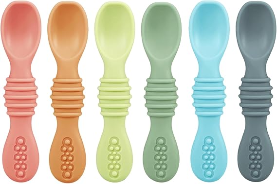PandaEar 6-Pack Baby Spoons for Self-Feeding, 2-in-1 Silicone Teether & First Stage Training Utensils, Shallow Design for Choking Prevention, BPA-Free Weaning Spoons for 6-12 Months (Multi-Colour)