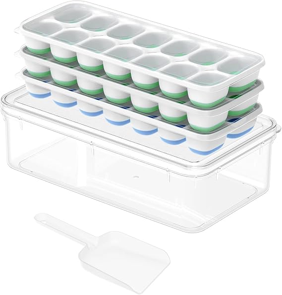 ChefAide Ice Cube Tray with Lid and Bin, 3 Packs 42 Cubes Silicone Plastic Ice Cube Trays for Freezer, Stackable Ice Tray with Container, Ice Scoop for Drinks, Coffee and Cocktails