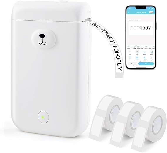 Bear Label Maker Machine with Tape, Cute Portable Bluetooth Mini Label Printer, Smart Phone Handheld Thermal Sticker Small Labeler Inkless for Home Office, 3 Rolls