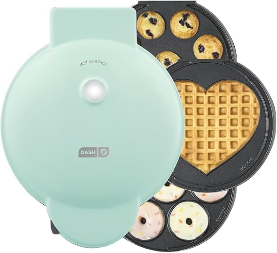 Dash MultiMaker Treat Maker System - Make Mini Donuts, Cupcakes & Heart-Shaped Waffles - Interchangeable Plate Design - dishwasher safe Parts for Easy Cleanup - Aqua