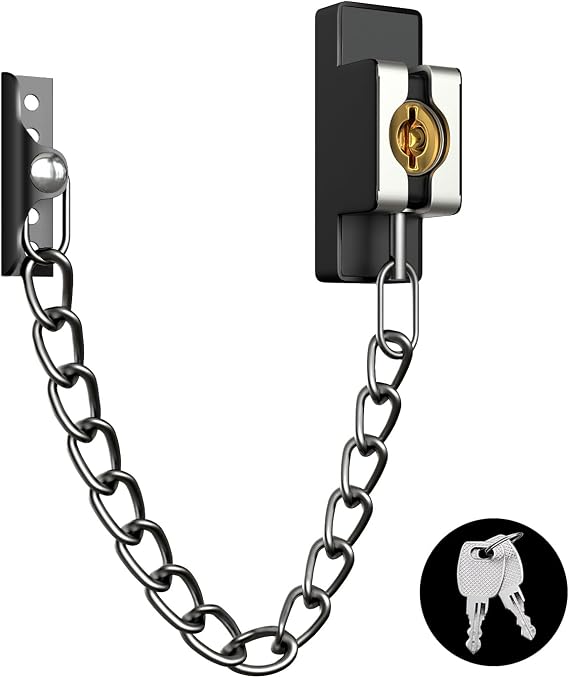 Door Chain Lock Heavy Duty, Security Heavy Duty Chain Door Latch for Front Door Inside Door with Key, Door Lock for Child, Puertas, Hotel, Bedroom,Window (Black Chain,1 Piece)