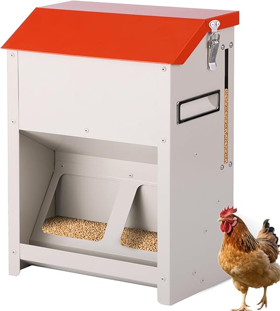 20Lbs Automatic Chicken Feeder No Waste Metal Poultry Feeder Large Chicken Coop Food Feeder with Visual Window and Rainproof Lid for Chicken Duck Turkey,Stainless Steel,Outdoor Use