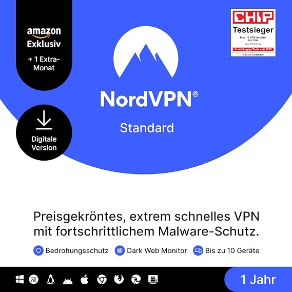 NordVPN Standard Amazon Exklusiv 10 Geräte 1-Jahr + 1 Extra-Monat Digitaler Code