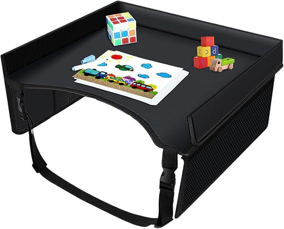 Car Seat Travel Tray - Foldable Car Seat Tray for Kids Travel,Carseat Table with Pockets Adjustable Straps Foldable Lap Desk Organizer for Children Boys Girls