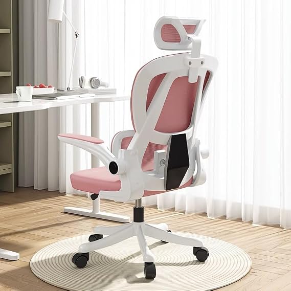 Office Chair Mesh Desk Chair,Ergonomic High-Back Rolling Gaming Work Chairs with Wheels and Adjustable Headrests,Comfortable Flip-up Arms for Home,Bedroom,Study Gaming(Pink)