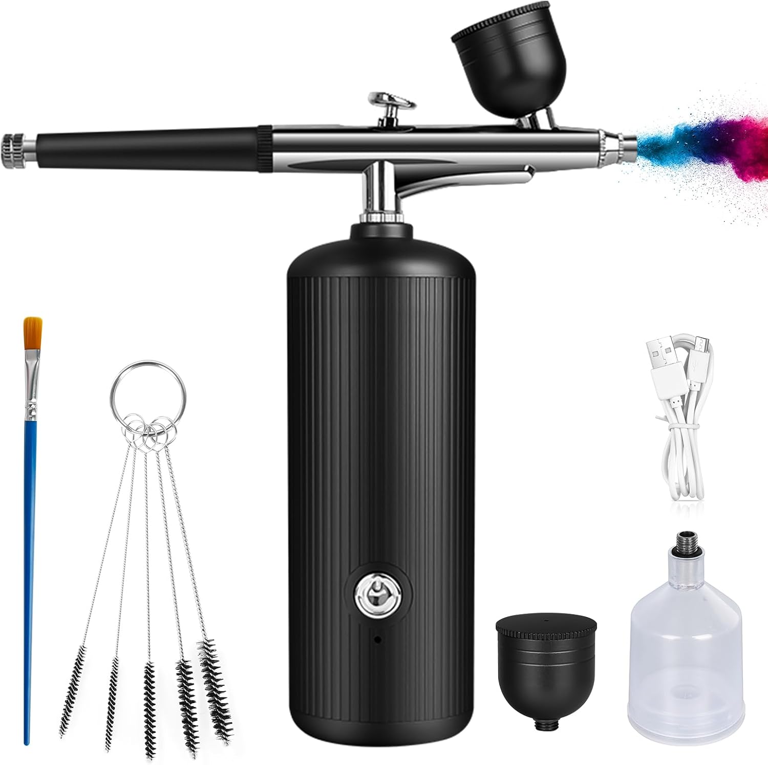 Airbrush Kit with Compressor - Rechargeable Portable Non-Clogging High-Pressure Air Brush Set with Nozzle and Cleaning Brush Set for Nail Art, Makeup, Barber, Cake Decor, Model Painting Black