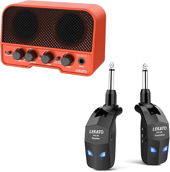 LEKATO Mini Guitar Amp Rechargeable Amplifier Electric Guitar Amp 5W and LEKATO 2.4Ghz Wireless Guitar System with 4 Channels Wireless Transmitter Receiver(WS80 )