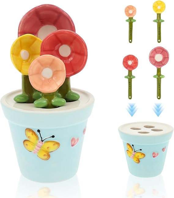 5 Pieces Ceramic Measuring Spoons Set in Pot Organiser Cute Measuring Cups and Spoons Set Reusable Baking Measurings Spoon for Kitchen Dry Wet Liquid Ingredient 1/4 TSP 1/2 TSP 1tsp 1 Tbsp