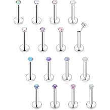 Vsnnsns 16G 18G 20G Threadless Push in Lip Rings Stainless Steel Flat Back Nose Rings Studs Tragus Helix Conch Cartilage Lobe Earrings Stud Piercing Jewelry for Women Men Opal CZ Silver 16PCS