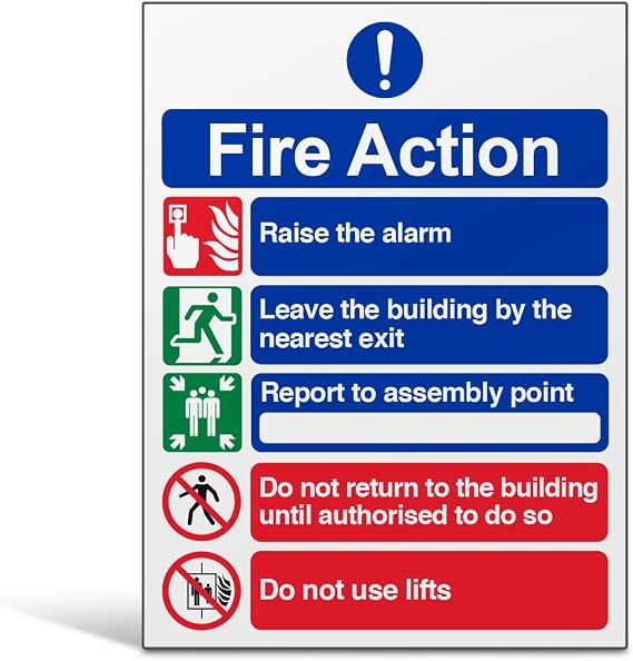 V Safety Fire Action Notice Sign - Clear 5-Step Emergency Instructions - 150mm x 200mm Portrait Safety Signage for Buildings & Offices - Durable 1mm Rigid Plastic, EN ISO 7010:2012 Compliant