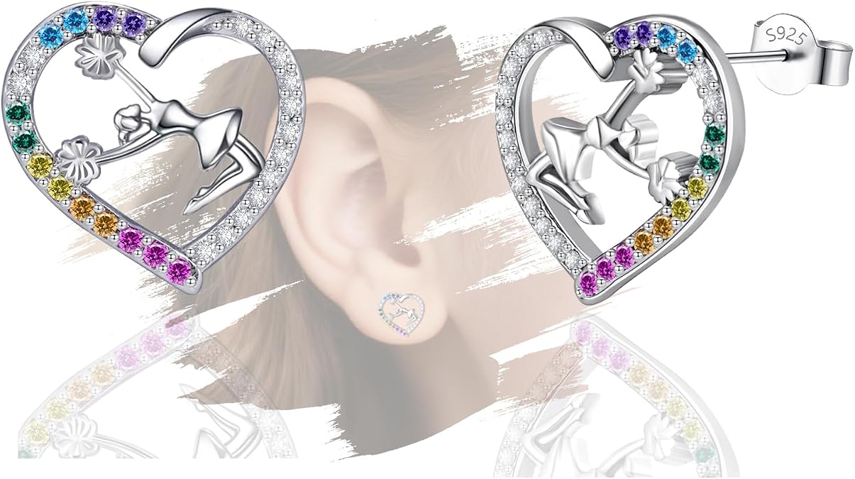 Cheerleader Gifts,Sterling Silver Stud Earrings for Teens Women,Colorful Cubic Zirconia Cheerleading Earrings,Hypoallergenic Lightweight Rainbow Sport Cheer Earring,Gifts for Daughter Granddaughter