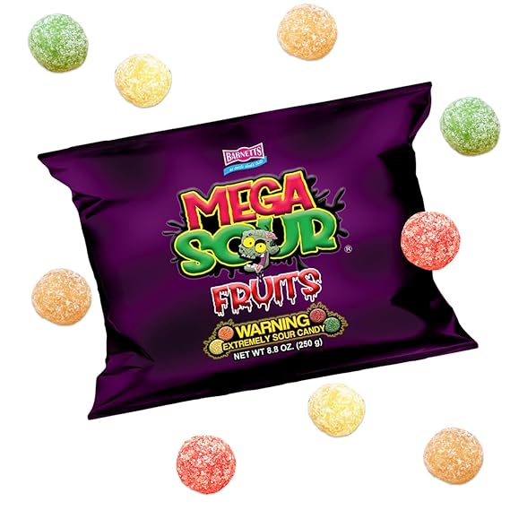 Barnetts - Mega Sour Candy Fruits 250g - Trendy Sweet Bags - Traditionally Handmade Sweets - Sour Coating Lasts 20 Seconds - Candies for Party Bag, Gift Hamper, or Hamper Box