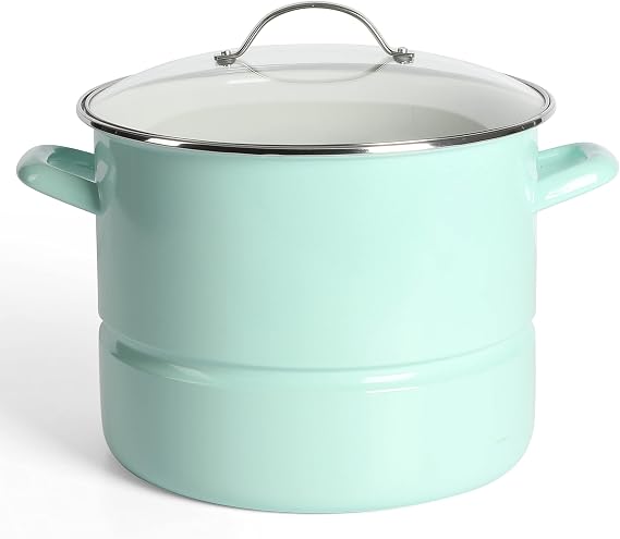 Martha Stewart Thayer 16-Quart Enamel On Steel Scratch Resistant Steamer Stock Pot w/Stainless Steel Insert - Martha Blue