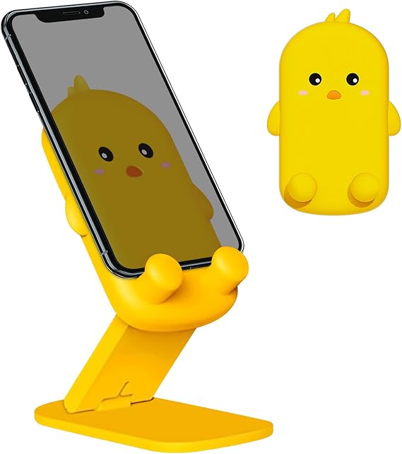 Cute Cell Phone Stand Foldable Adjustable Animal Phone Holder for Desk Silicone Protection Compatible with iPhone 16 15 14 13 12 Pro Max iPad Tablet Desk Accessories (Yellow Chick)