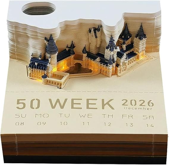3D Memo Pad, 2026 Desk Calendar Memo Pad, Creative Desk Calendar DIY Notes Notepad, 3d notepad paper sculpture gift, 3D Art Calendar, Magic Castle (Weekly calendar with LED)