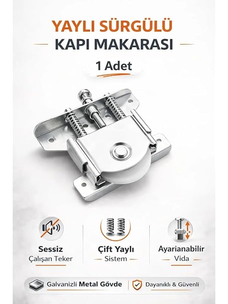 Yaylı Sürgülü Kapı Makarası, Galvanizli Metal Gövde, Çift Yaylı Sistem, Ayarlanabilir Vida, Sessiz Teker, 80 Kg Kapasiteli, 1 Adet