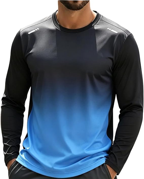 Men's Gradient Long Sleeve T-Shirts Loose Crewneck Athletic Workout Tops