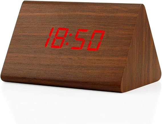 GEARONIC Digital Alarm Clock Wooden Alarm Clock Wood Modern Triangle Alarm Digital Desk Clock, Displays Time Date Temperature Calendar Wood Made Electric Clocks for Bedroom, Bedside - Brown