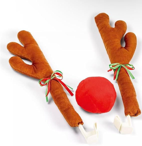 KOSIMI Car Christmas Reindeer Antler Decorations, Vehicle Christmas Car Decor Kit with Jingle Bells Rudolph Reindeer and Red Nose, Set (Brown)