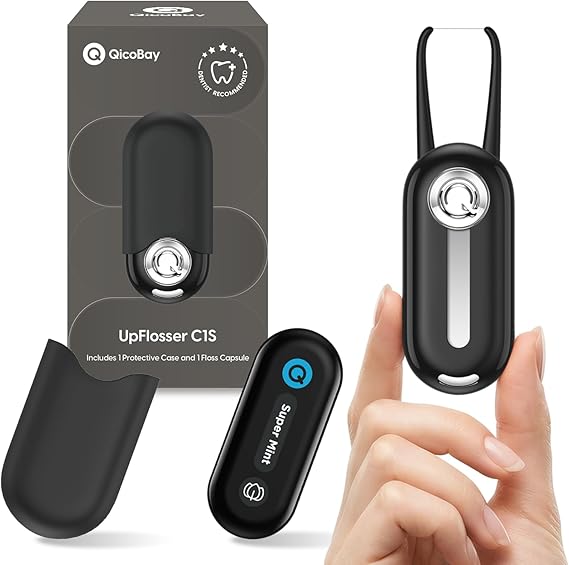 UpFlosser C1S Reusable Auto-Restringing Flosser with Replaceable Floss Capsule, Quick & Deep Clean, Portable On-The-Go Flosser, Recyclable Zero-Waste Design, Super Mint (Abyss Black)