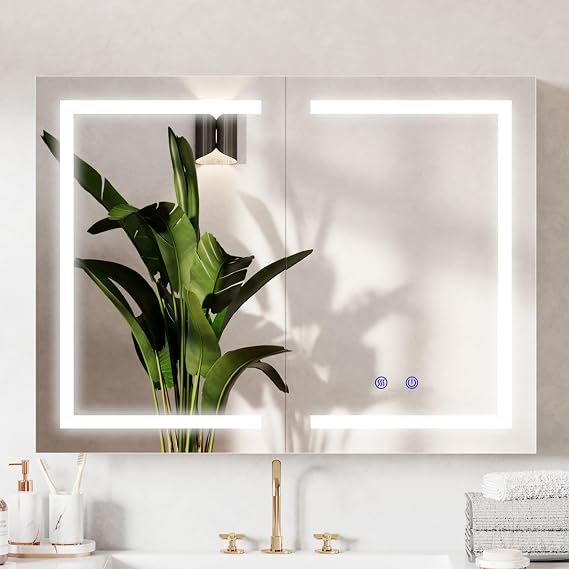Bathroom Mirror Cabinet with Lights, Demister, Dimmable, 3 Colour Light, Wall Mounted LED Mirror Cabinet with Shaver Socket, 800x600mm