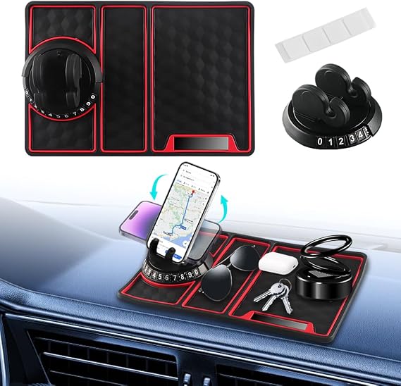 Car Anti Slip Mat Dashboard Tray Decorations Sticky Pad 4 in 1 Multi Functional with 360 Rotating Universal Phone Pad Holder+Number Plate, Washable Car Dash Mat(Black&Red)